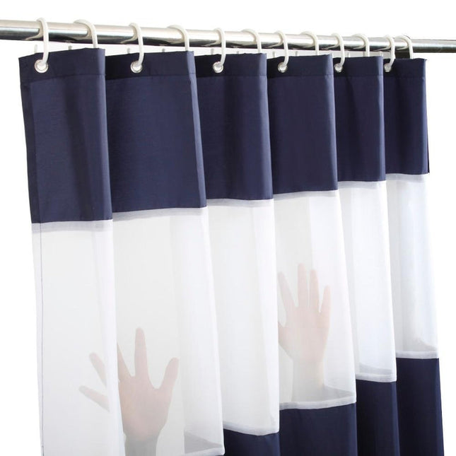 Granatowo-biała zasłona prysznicowa w pasy